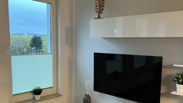 En moderne stue med et stort fladskærms-tv monteret på et hvidt tv-møbel, et vindue med udsigt til grønne områder, og trægulv.