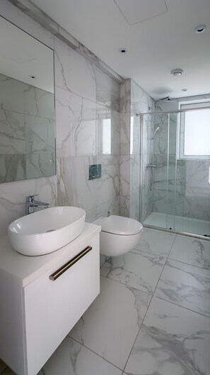 Shower, hair dryer, towels