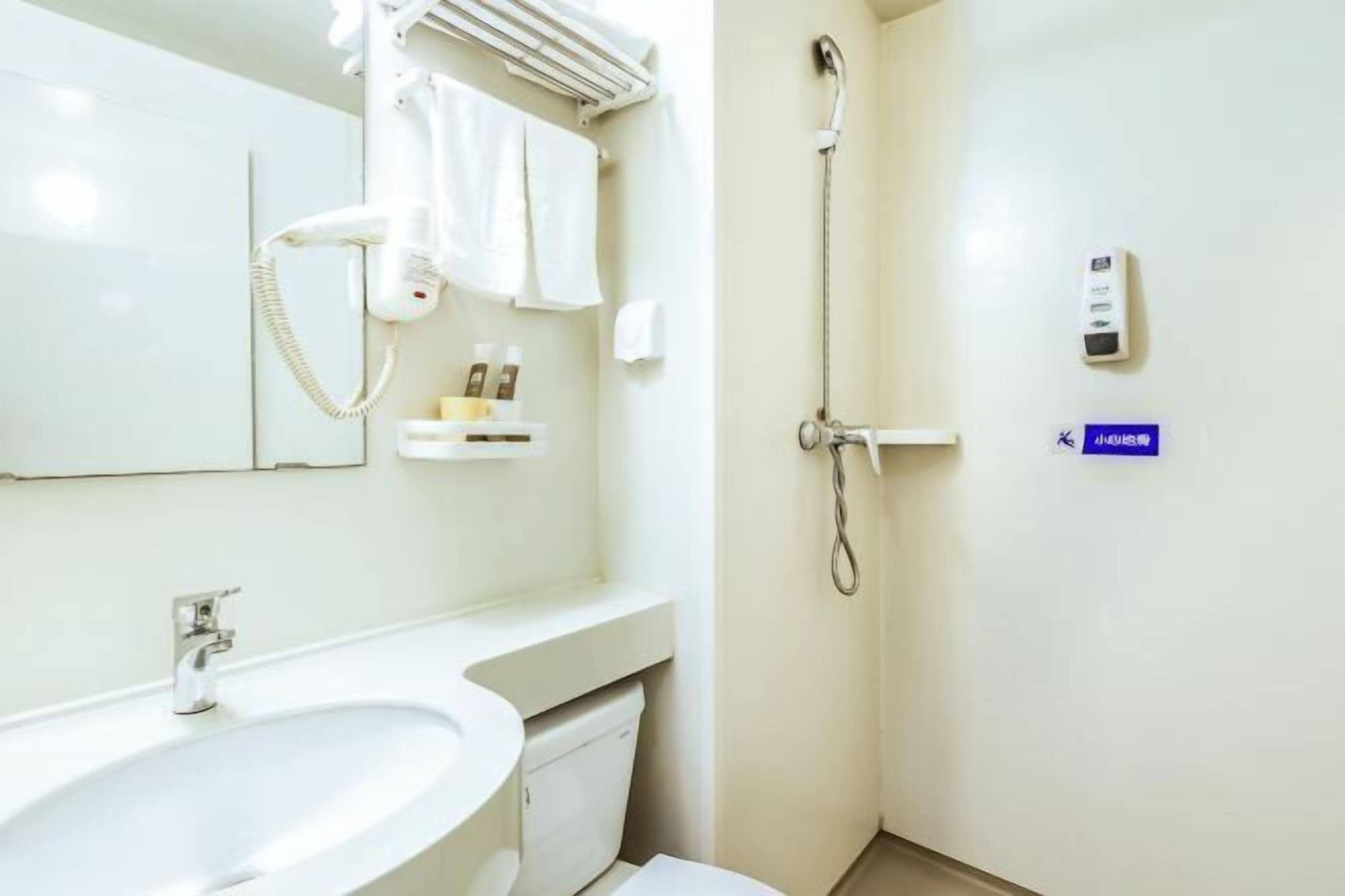 Une salle de bain équipée d’un lavabo, d’un miroir, d’un porte-serviettes et d’une douche.