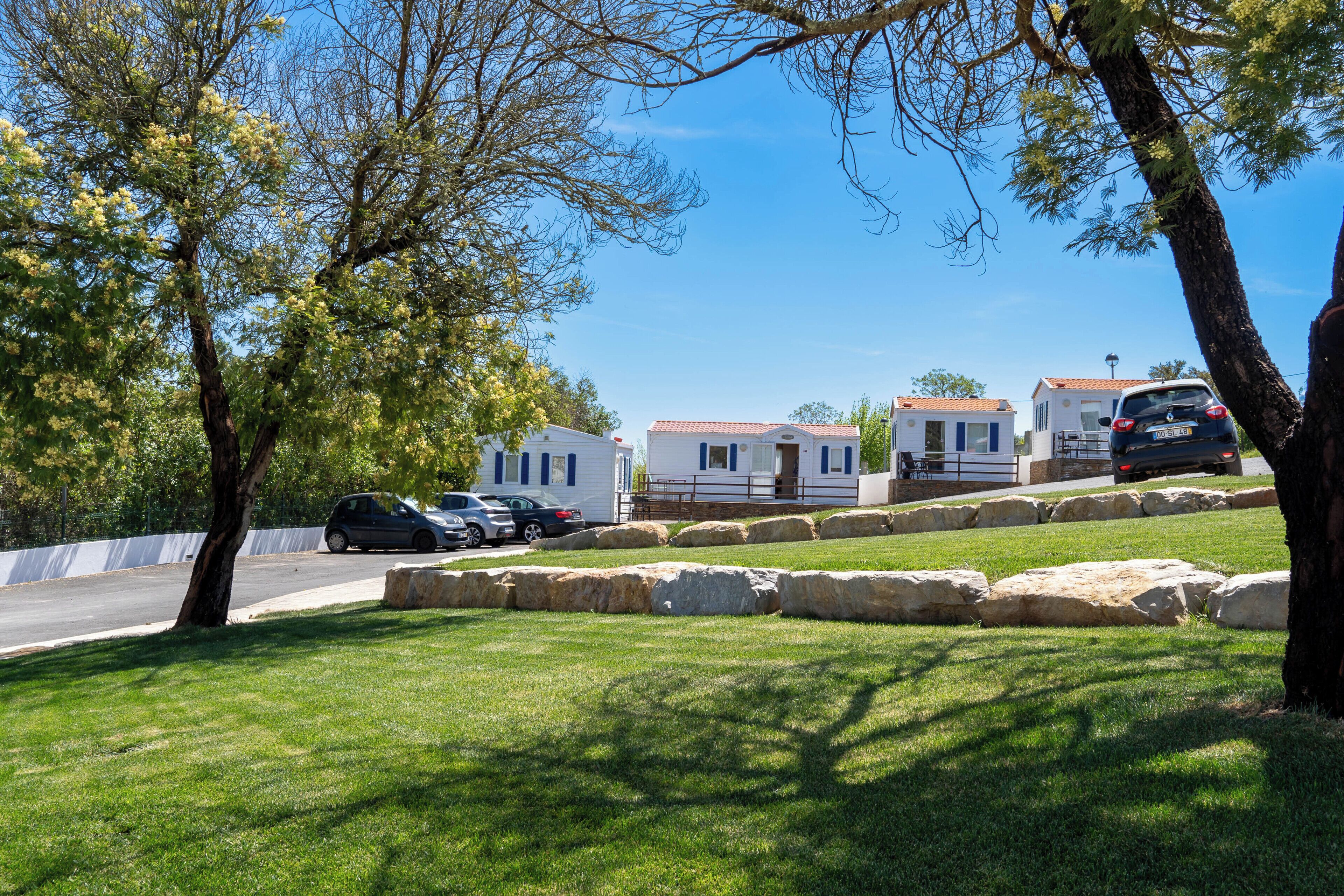 A row of mobile homes with a paved driveway and a grassy area in front.