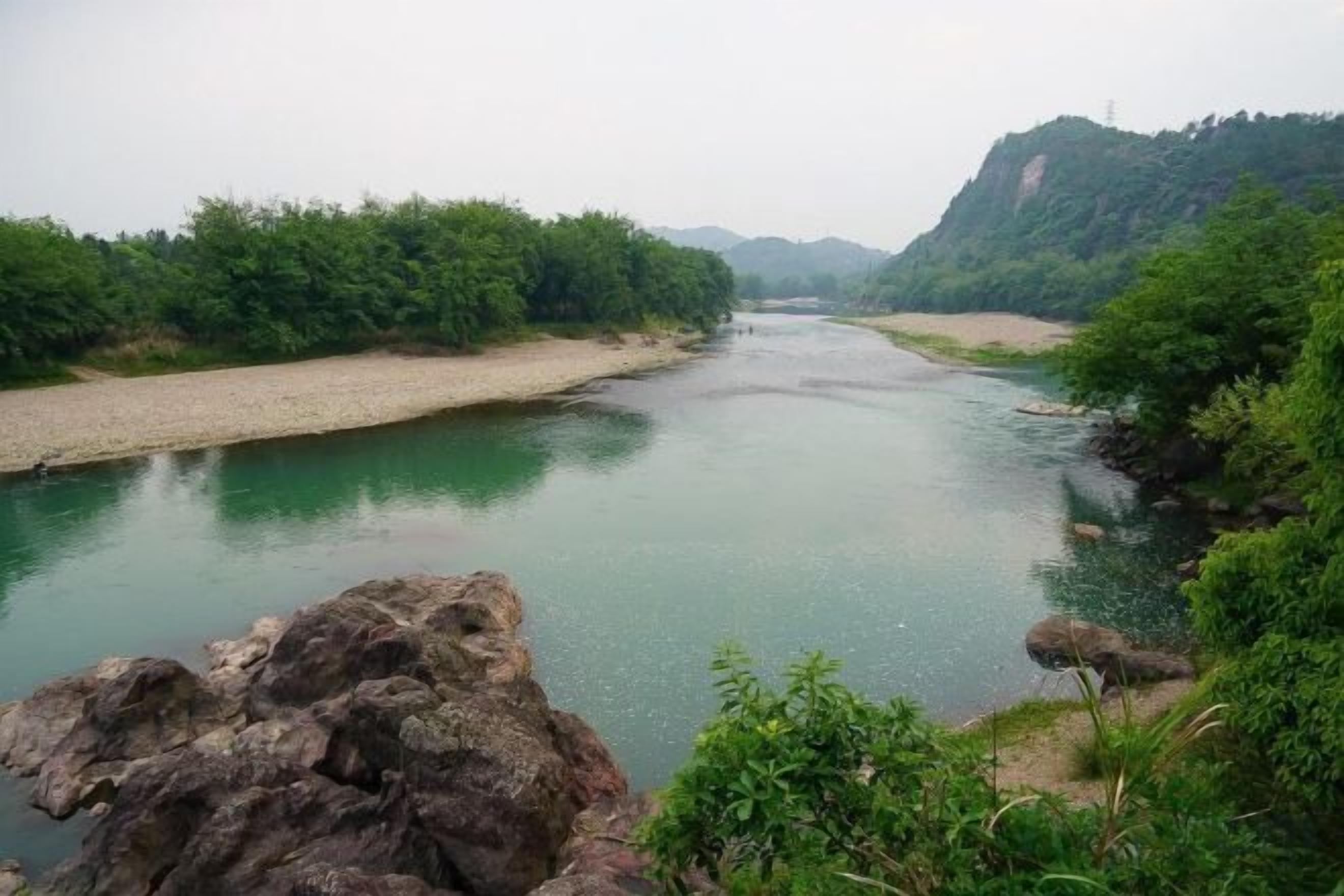 Un río con un primer plano rocoso y abundante vegetación a ambos lados.