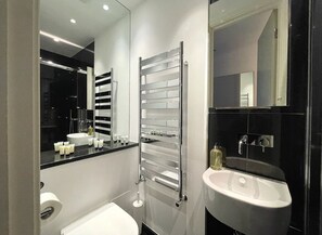 Shower, hair dryer, towels, soap