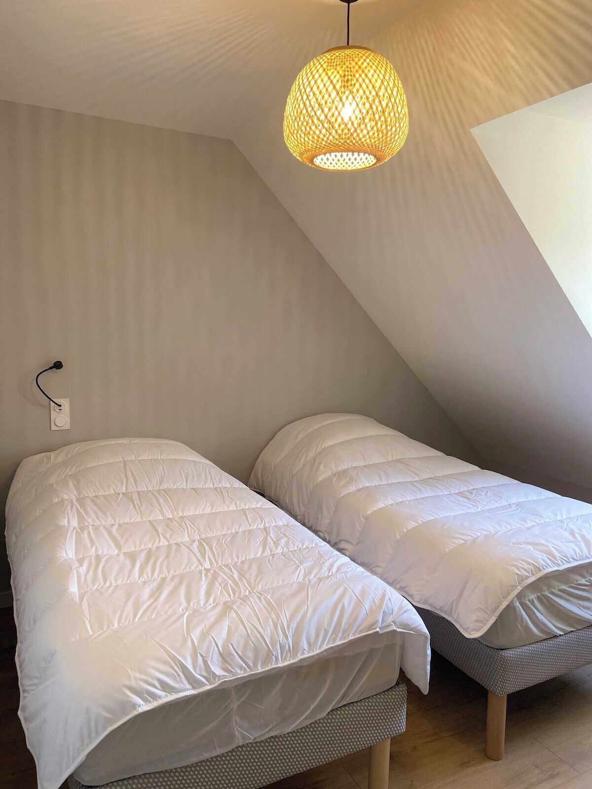Een kleine, knusse kamer met twee eenpersoonsbedden, een schuine plafond en een hanglamp.