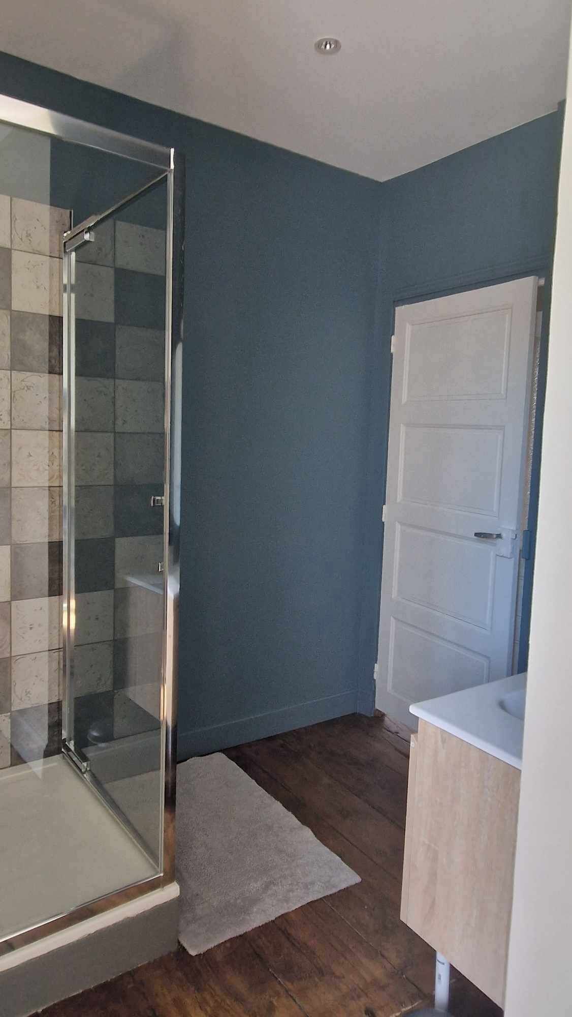 Une salle de bain avec une douche à parois de verre, une porte blanche et un plancher en bois.