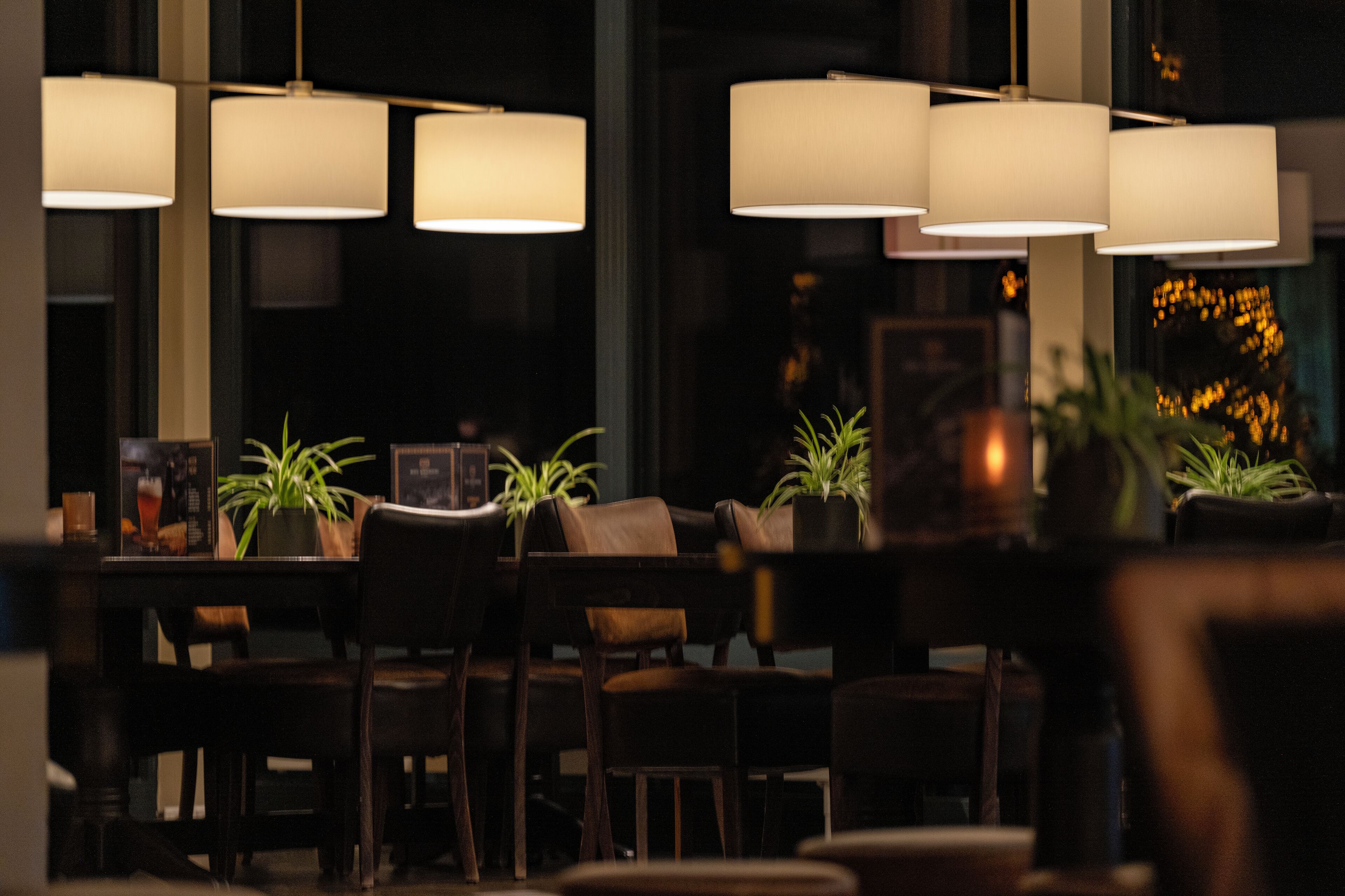 A dimly lit restaurant interior with multiple tables and chairs, potted plants, and hanging lamps.