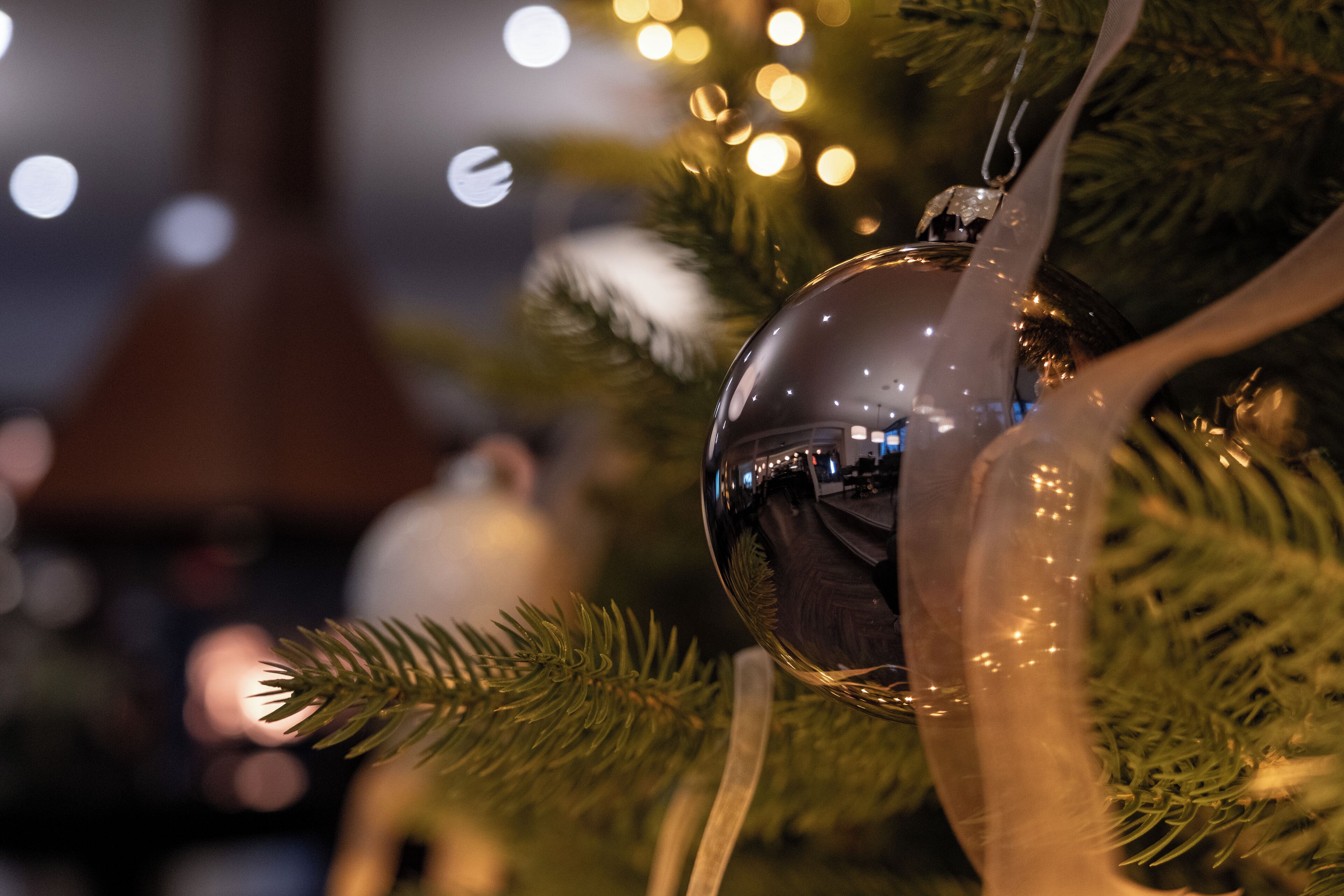 A Christmas ornament hanging on a tree.