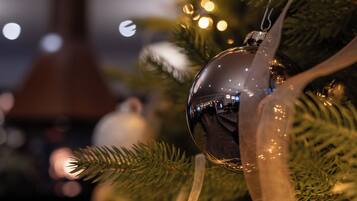A Christmas ornament hanging on a tree.