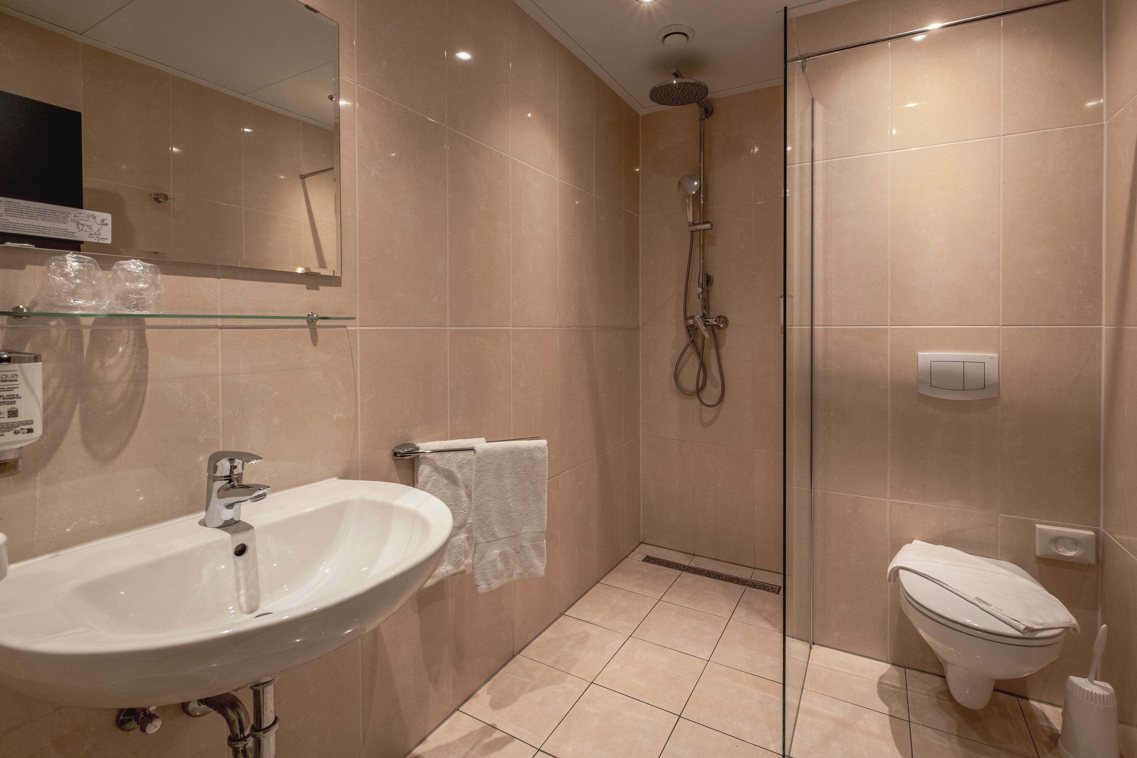 A modern bathroom with a glass-enclosed shower, a white sink, and a toilet.