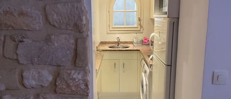 Fridge, microwave, electric kettle, toaster