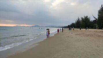 A beach with a sandy shore, trees, and a cloudy sky.