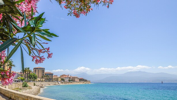 A coastal view with a stone wall, buildings, and a clear blue sea. - 2 bedroom nice apartment in AFA (AFA)