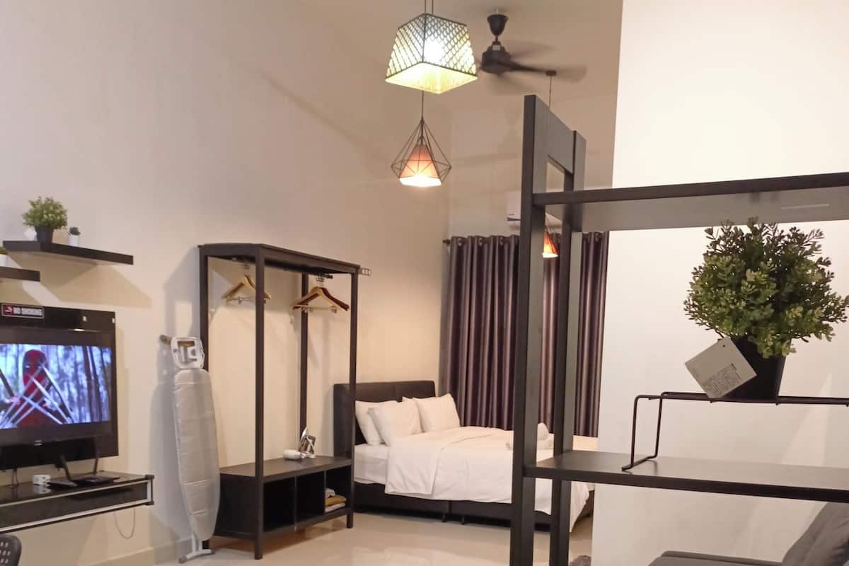 A modern hotel room with a bed, a desk with a computer, a TV, a ceiling fan, and a potted plant.