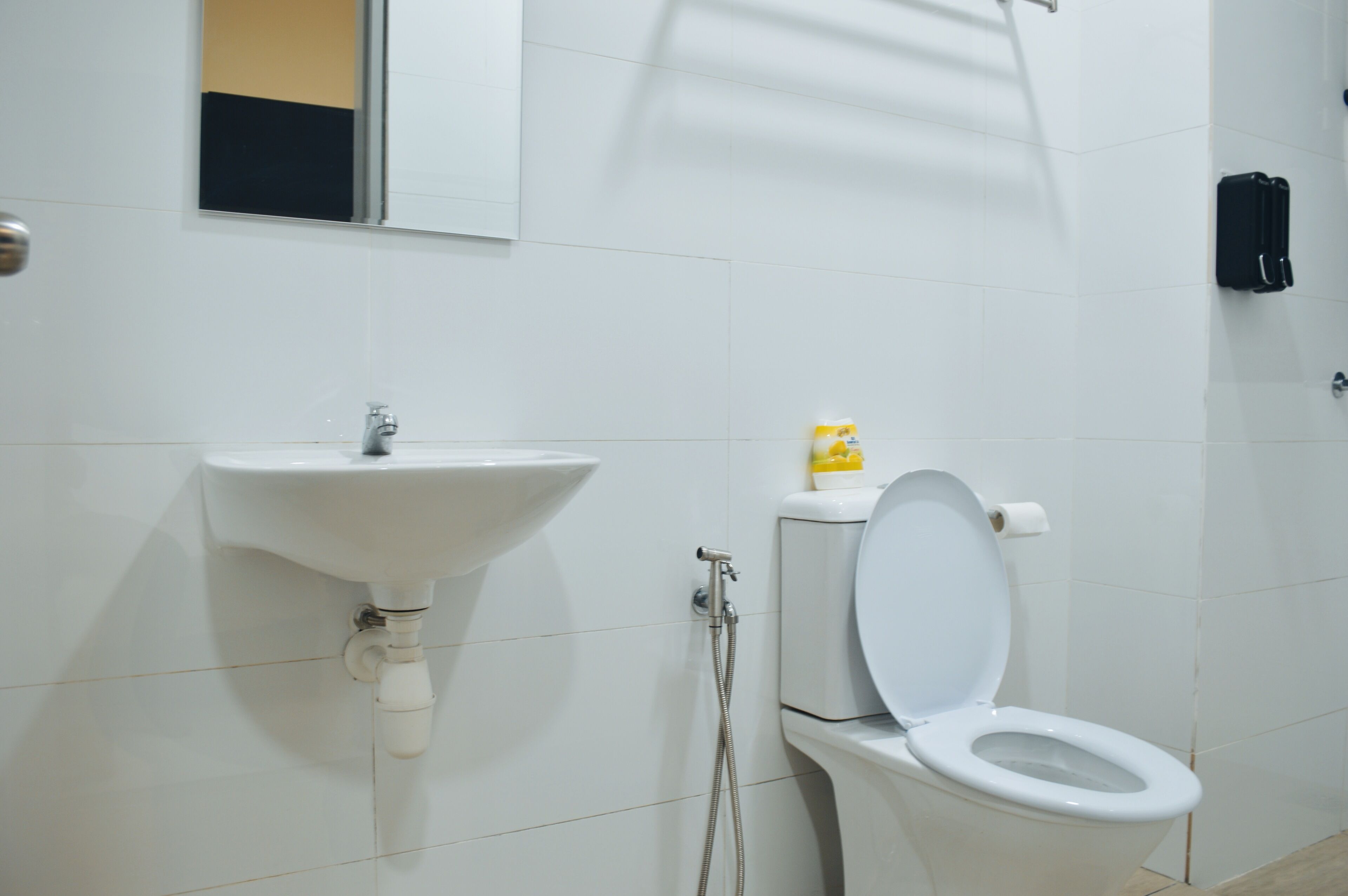 A bathroom with a white sink, toilet, and a mirror.