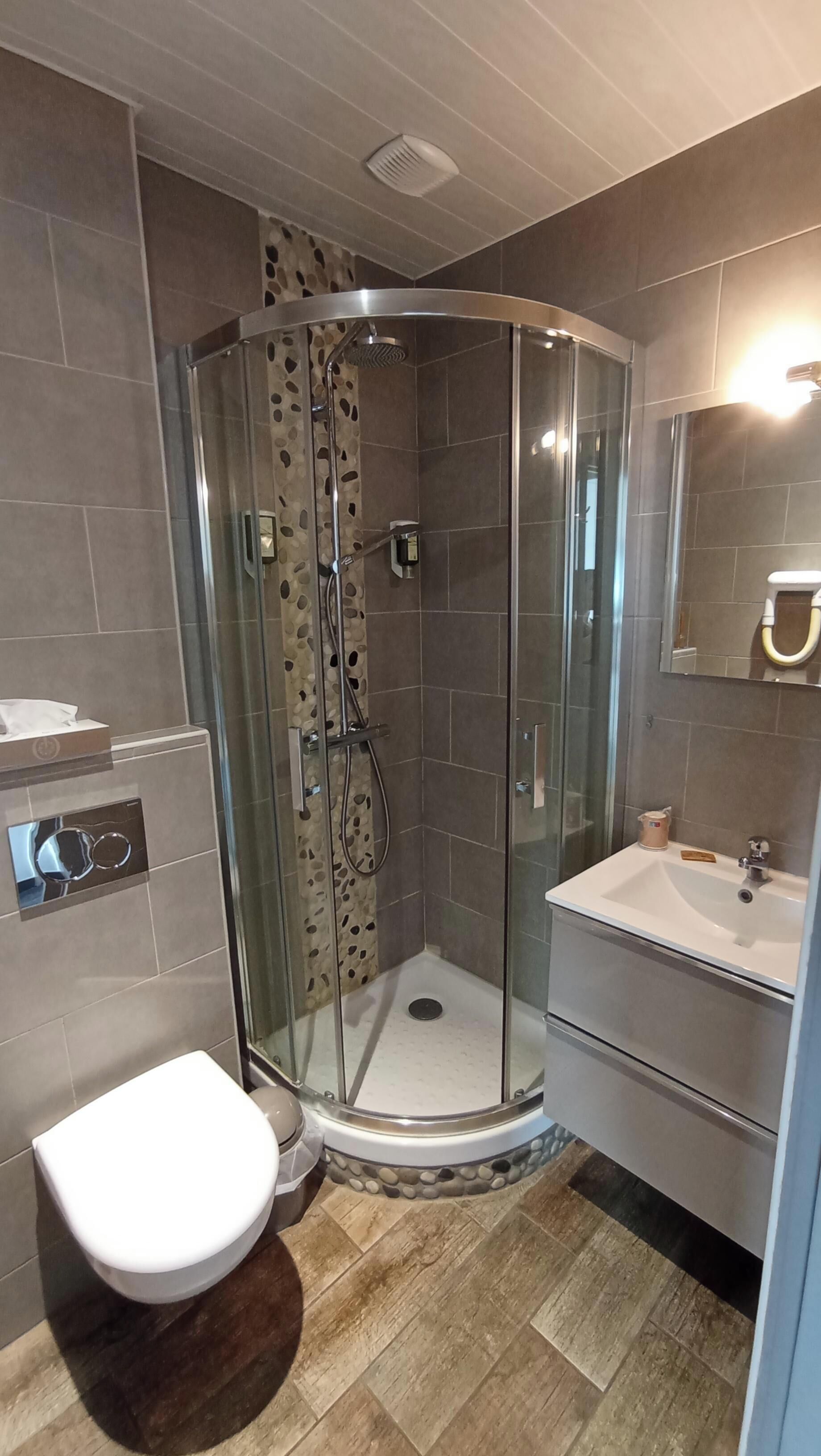 Et moderne badeværelse med en glasafskærmet brusekabine, toilet og håndvask med spejl.