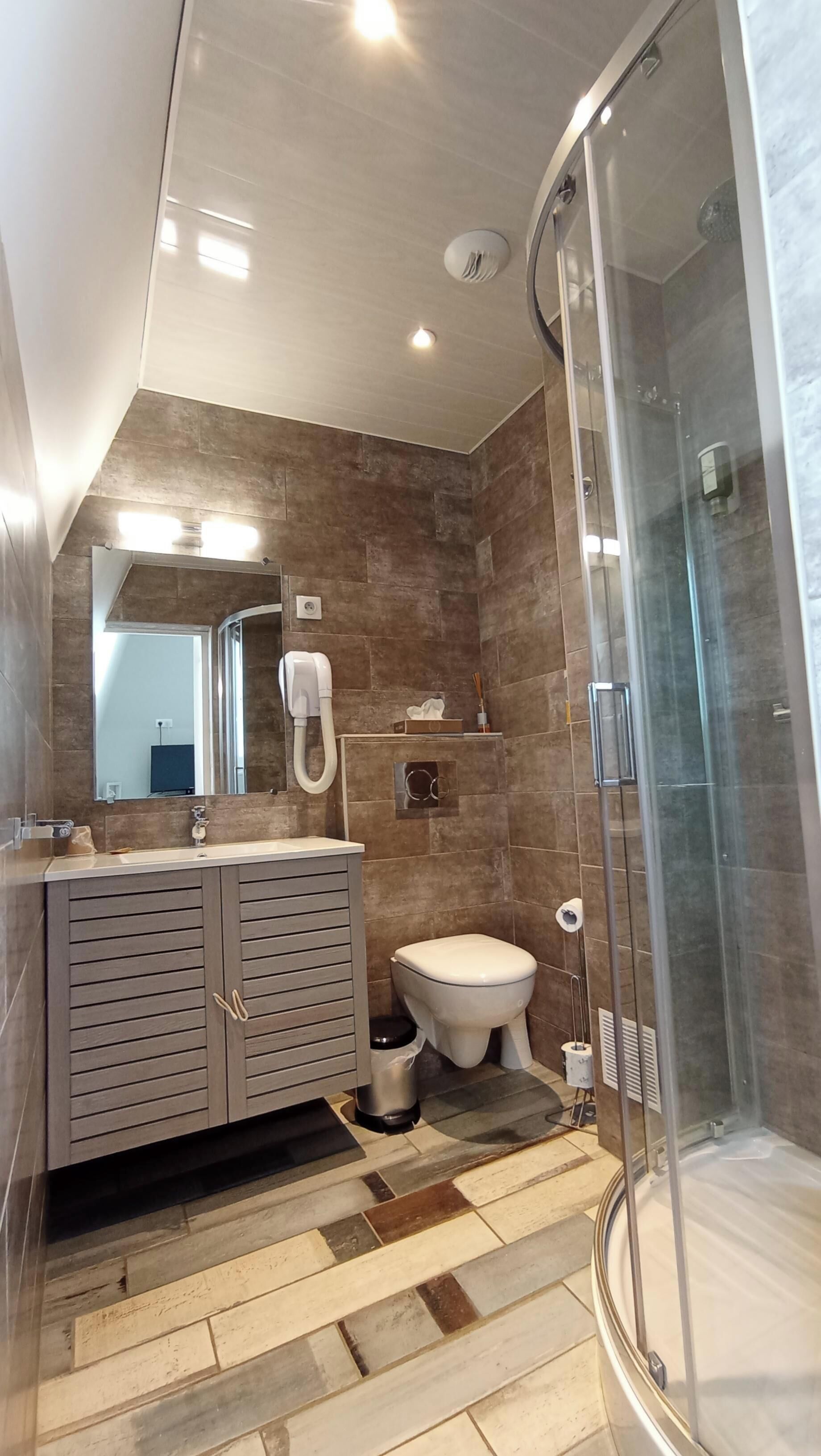 A modern bathroom with a glass shower enclosure, a vanity with a mirror, a toilet, and a trash can.