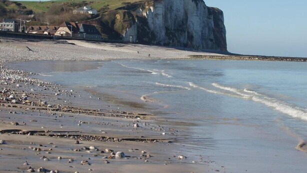 A coastal landscape with a prominent cliff, a pebbly beach, and a few buildings in the background. - Les Fregates (Veulettes-sur-Mer)
