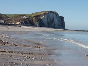 Un paysage côtier caractérisé par une falaise imposante, une plage de galets et quelques bâtiments visibles au loin.