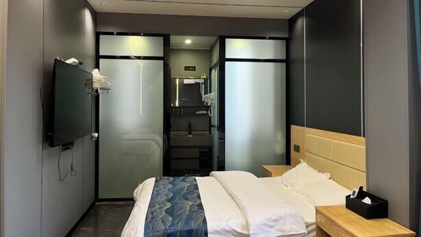 Una moderna camera d'hotel con un letto, una televisione, un armadio e uno specchio.