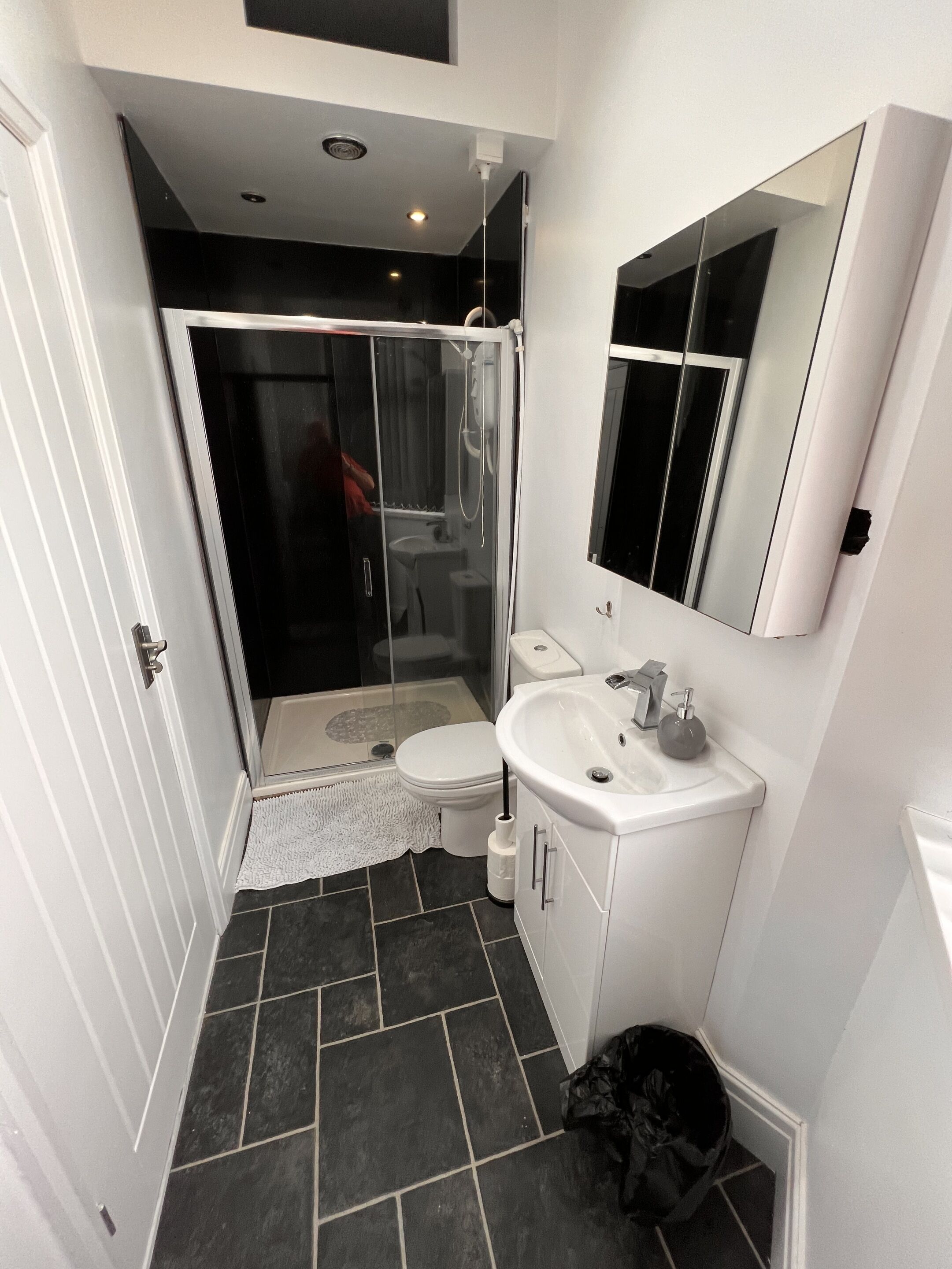 Une salle de bain moderne avec une douche à l’italienne en verre, un lavabo blanc et un grand miroir.