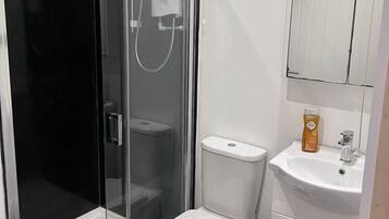Un bagno moderno con doccia vetrata, un water e un lavabo con specchio sopra.