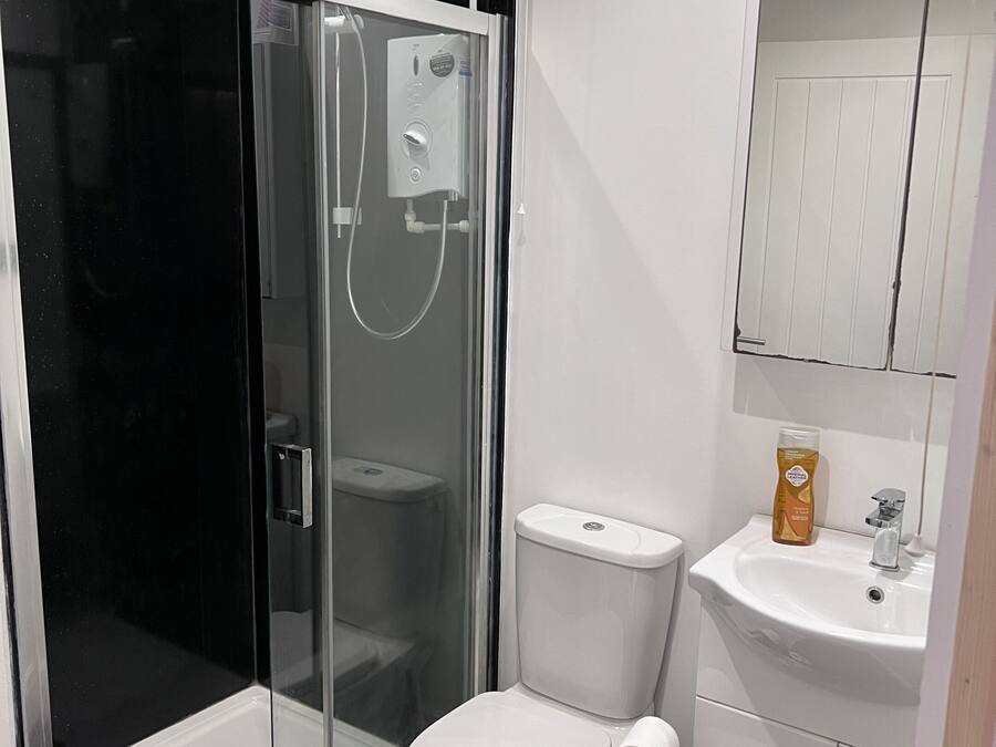 Un bagno moderno con doccia vetrata, un water e un lavabo con specchio sopra.