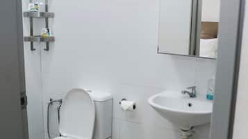 Une salle de bain moderne avec des toilettes, un lavabo et un miroir.