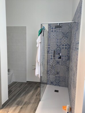 Regadera, secadora de cabello, bidet, toallas 