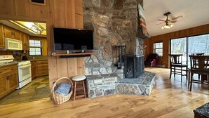 Un intérieur rustique avec une cheminée en pierre, des meubles de rangement en bois, un téléviseur et un coin repas.