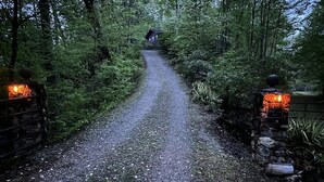 Un chemin de gravier mène à une maison entourée d’une forêt dense.