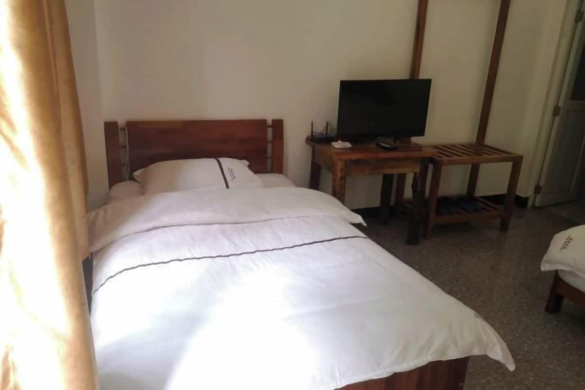 A hotel room with a wooden bed, a television on a wooden table, and a chair.