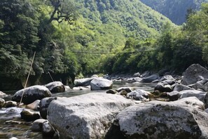 Un río con rocas grandes y un puente en una zona boscosa.
