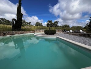 Relax by the serene pool surrounded by lush greenery and a pebble border.