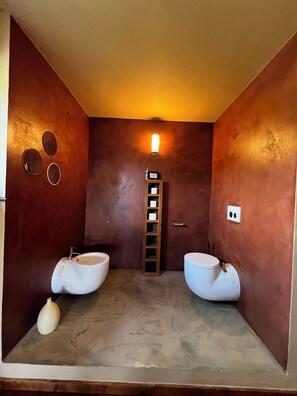 Bathroom features two sinks with separate faucets and a wooden storage shelf.