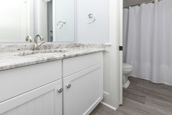 Une salle de bain avec un comptoir en marbre, un lavabo, des toilettes et un rideau de douche.