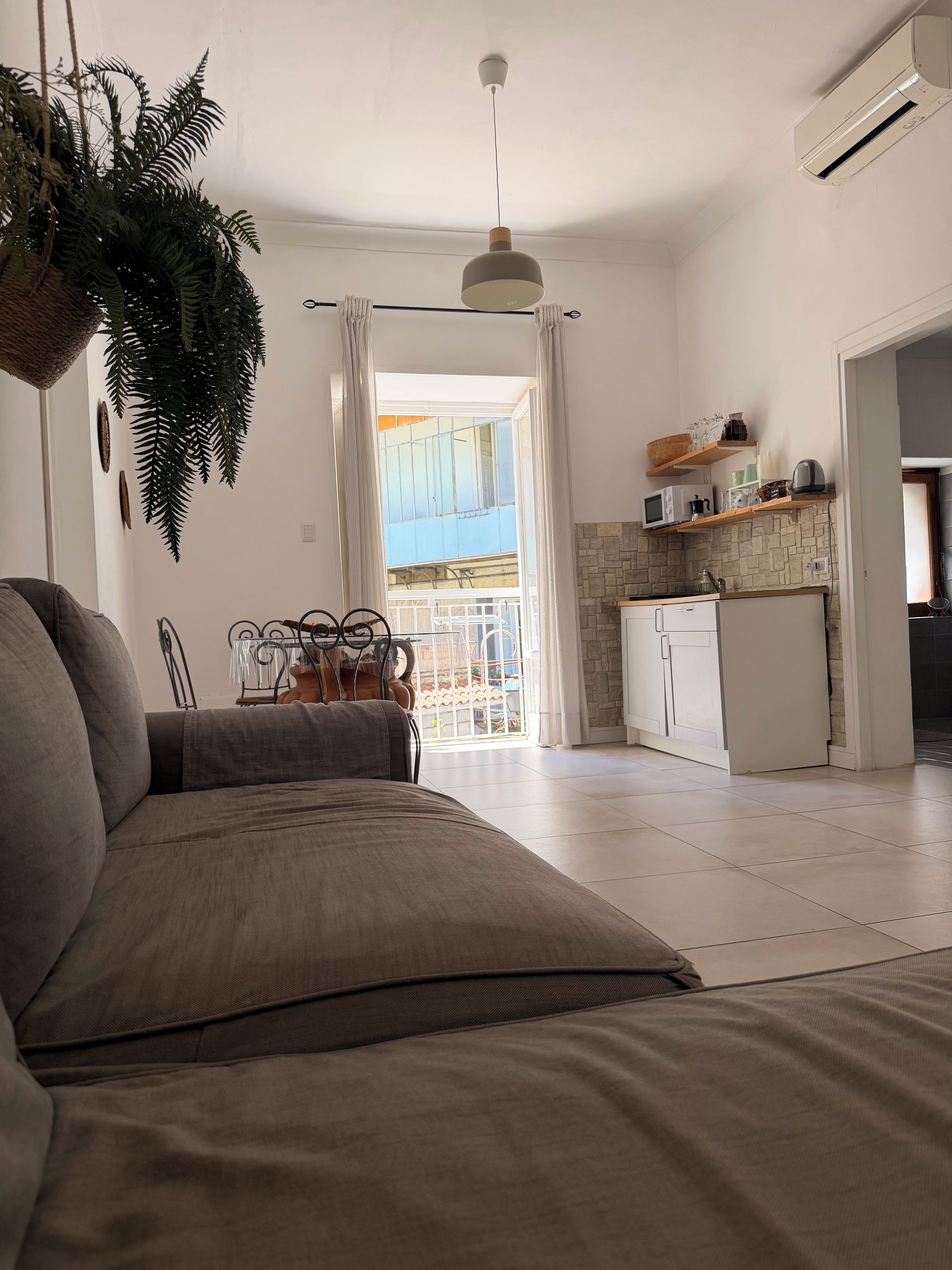 A modern living room with a sofa, a hanging plant, a dining area with a table and chairs, and a kitchen with a microwave and cabinets.
