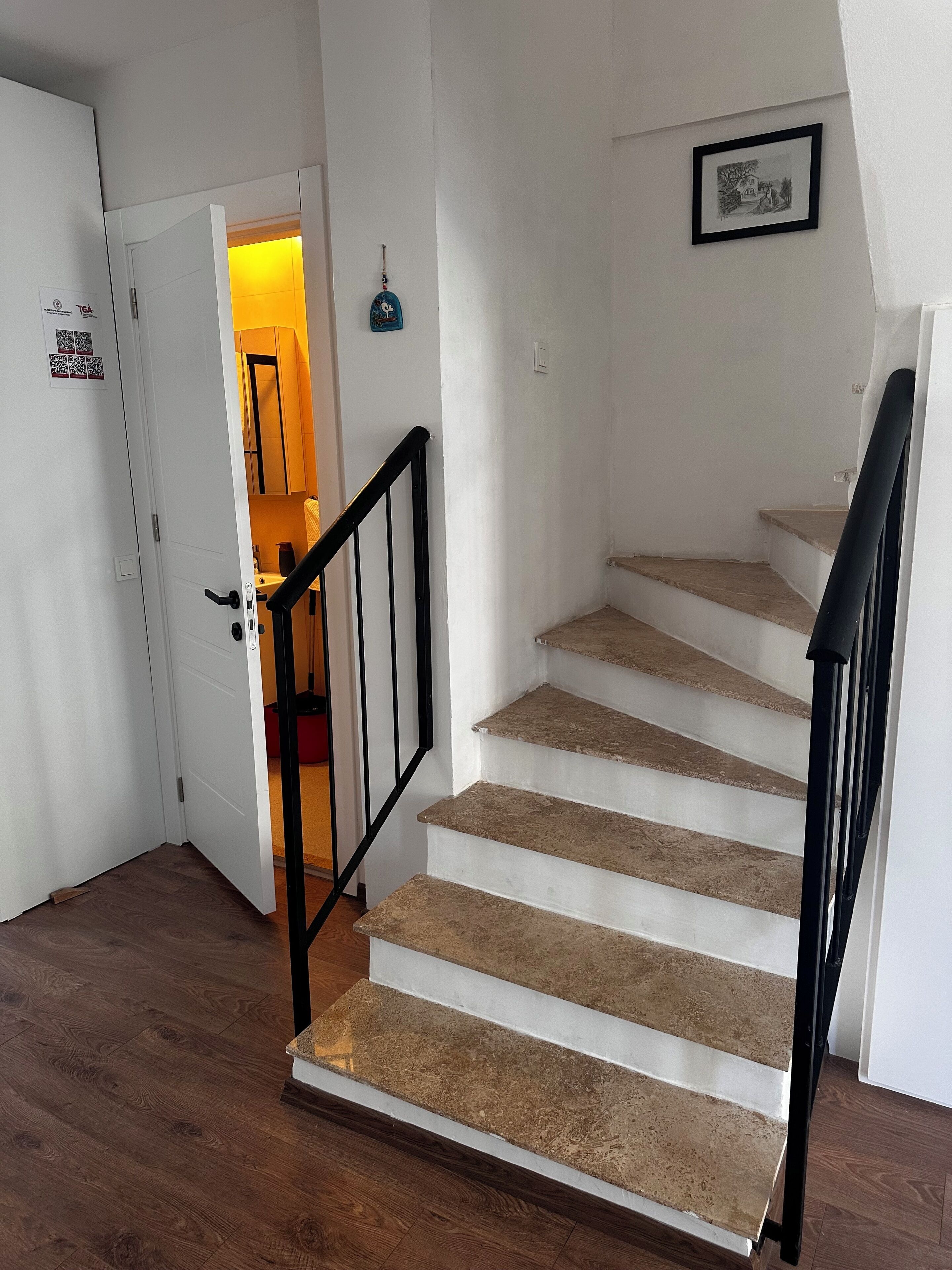A staircase with wooden steps and black railings, leading to a room with a door and a framed picture on the wall.