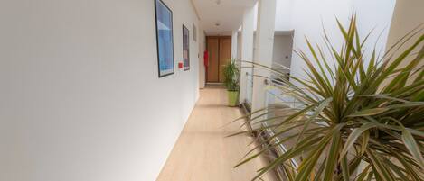A corridor with a wooden floor, white walls, and framed pictures. There is a potted plant on the right and a door at the end.