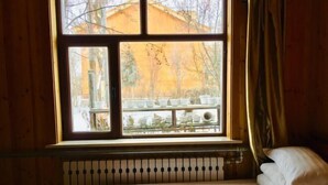 Una stanza con un letto, una finestra vista arredi da esterno e un termosifone.