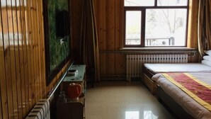 Una stanza con rivestimento in legno, un letto, un termosifone, una finestra e un televisore.