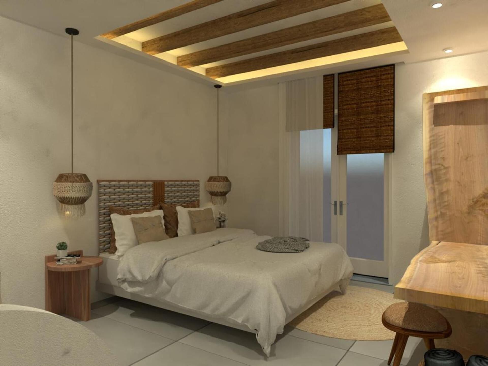Une chambre à coucher moderne avec un grand lit, des poutres en bois au plafond, une petite table en bois et une lampe de chevet.