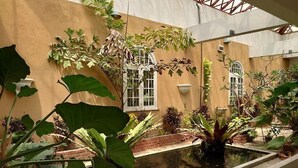 Une cour avec un élément décoratif aquatique, des plantes en pot et un bâtiment doté de fenêtres et d’une porte.