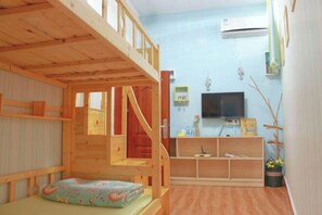 A room with a bunk bed, a television, a desk with a chair, and a small plant. - Lane Cottage B&B (Zhuhai)
