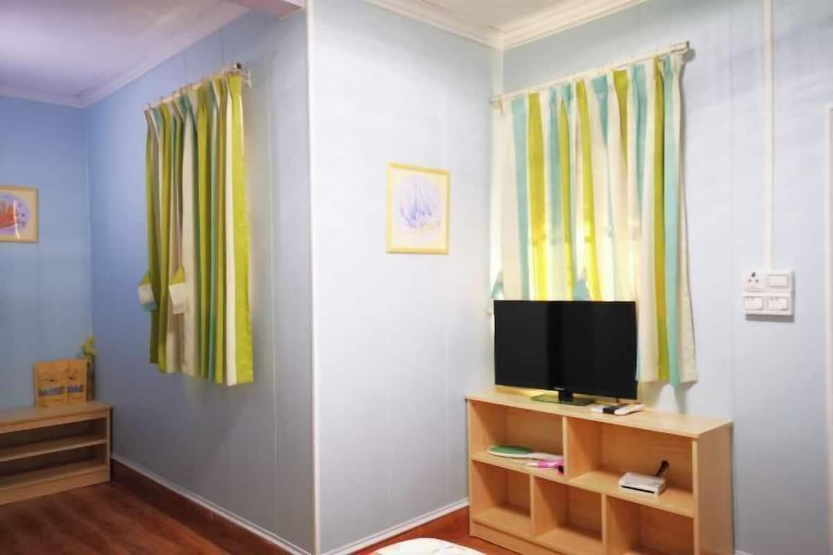 A room with light blue walls, a wooden floor, a TV on a wooden stand, and a shelf with books and a remote control.