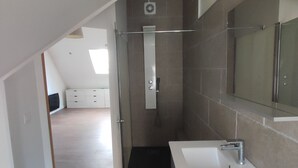Un baño moderno con ducha, lavamanos y un espejo grande.