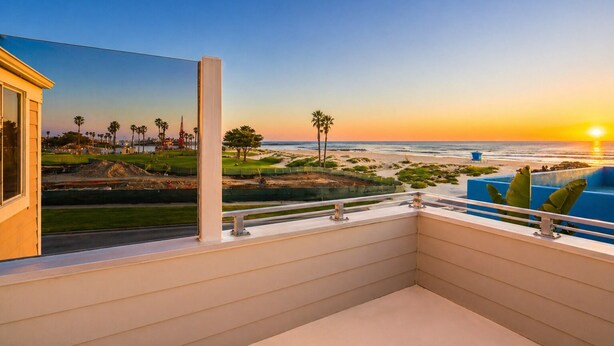 A balcony with a view of a beach at sunset. - 25%Off Sept 10-13 Amazing Location, Views, Hot Tub (Ventura)