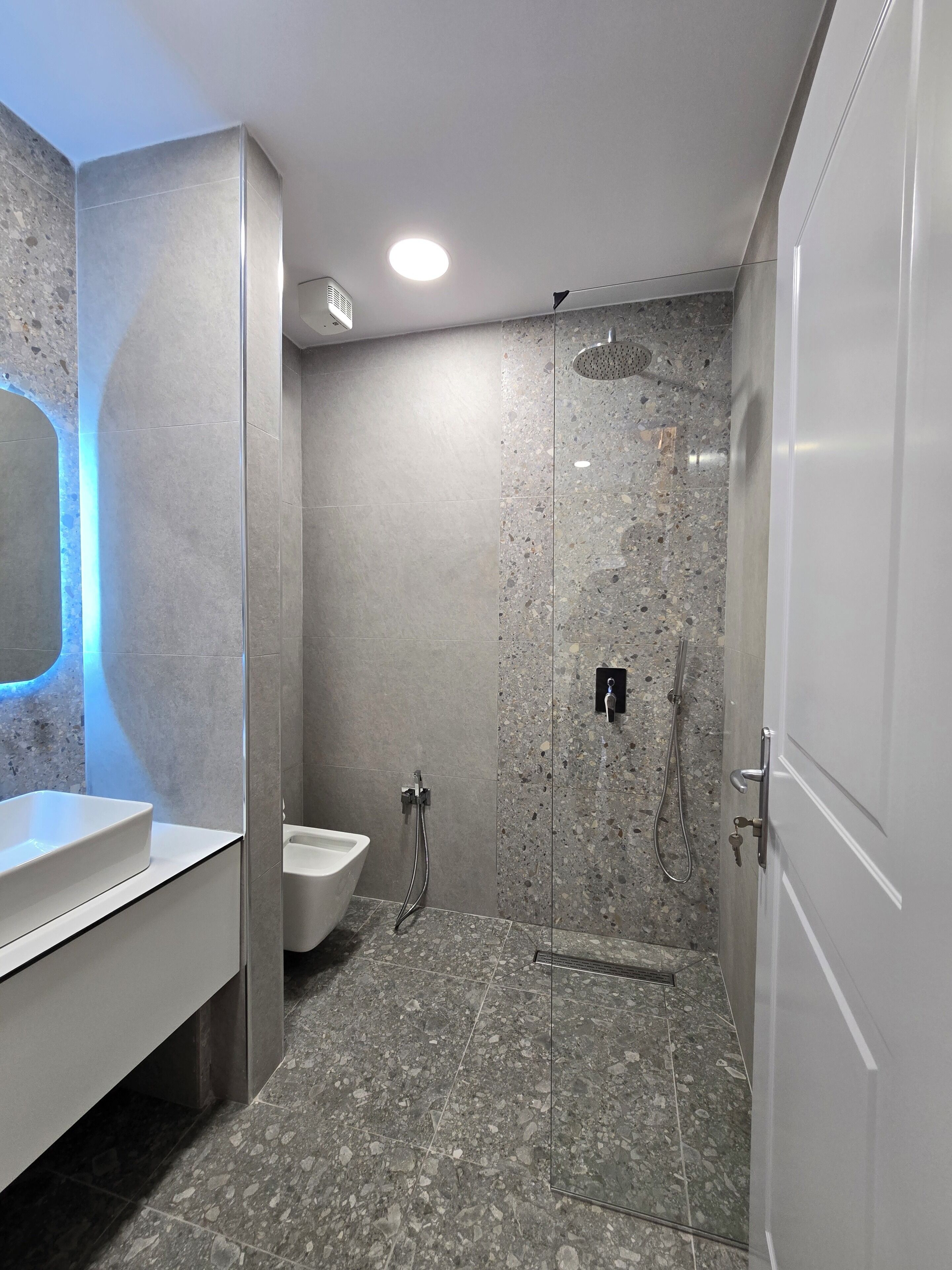 Ducha, secador de pelo, toallas, jabón