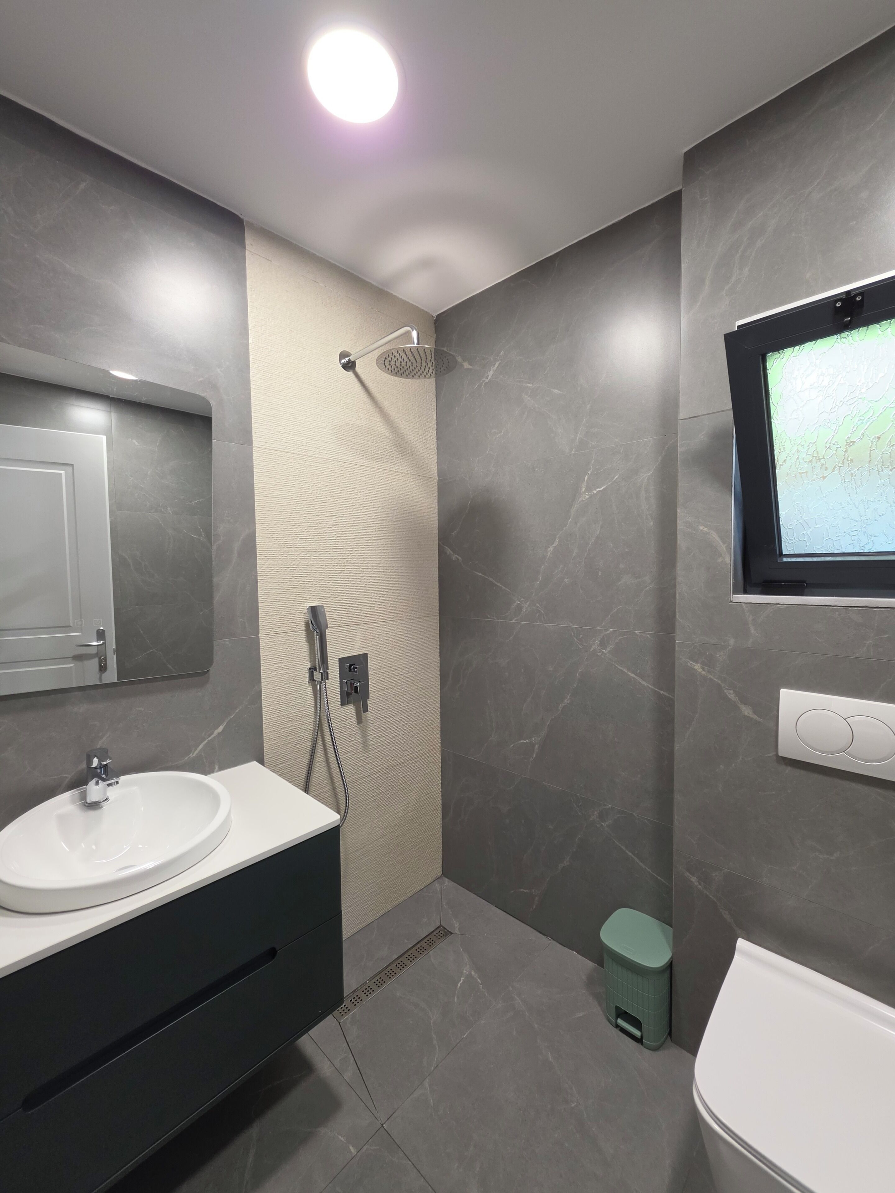 A modern bathroom with a sink, mirror, shower, and toilet.
