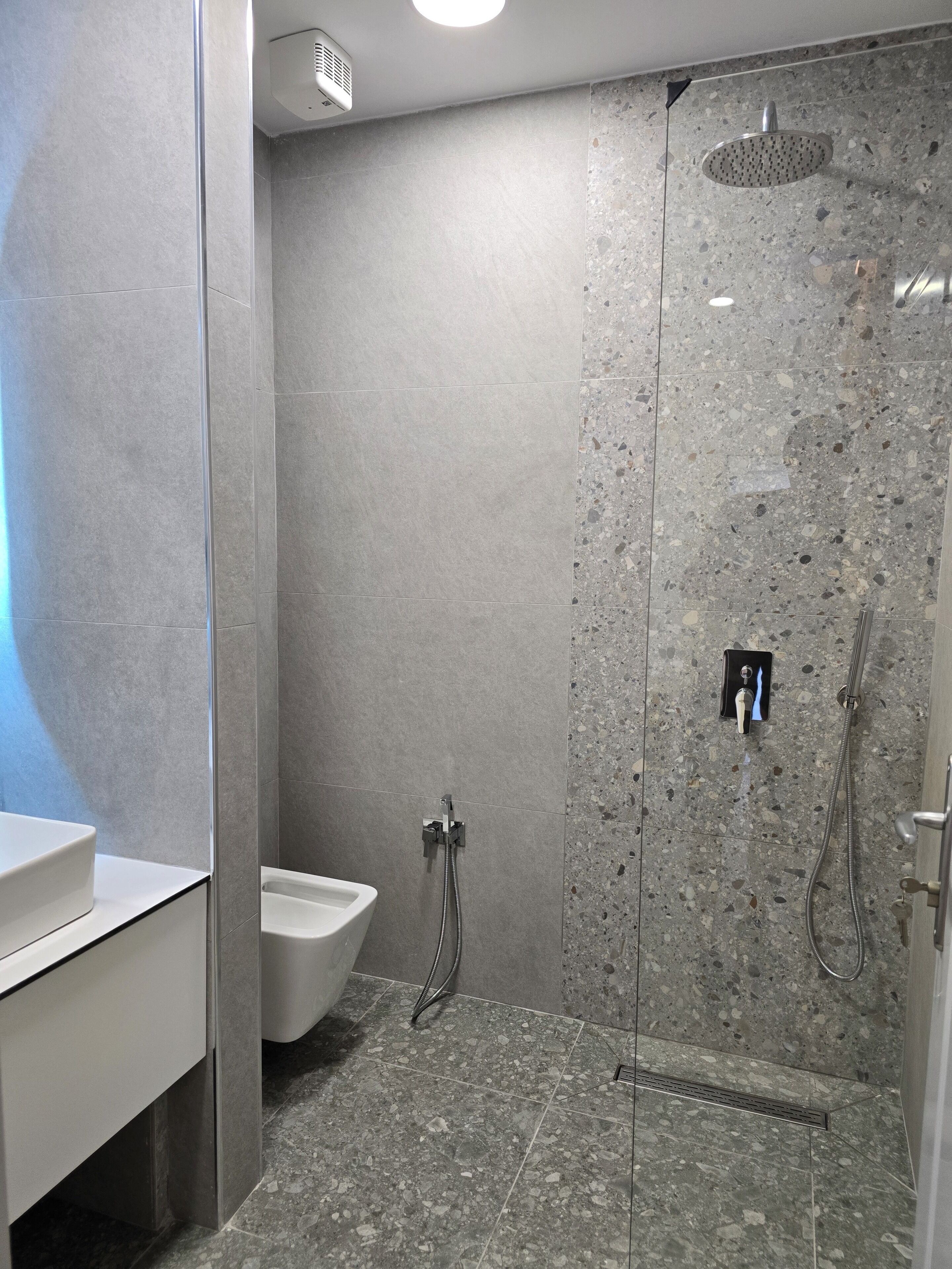 A modern bathroom with a shower, a toilet, and a sink.