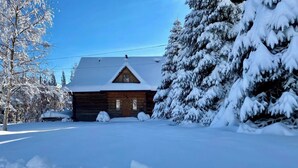 Eine Blockhütte mit schneebedecktem Dach, umgeben von schneelastigen Bäumen und blauem Himmel.