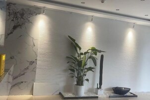 Un interior moderno con una pared de mármol, una planta en maceta y un cuenco negro sobre una plataforma.